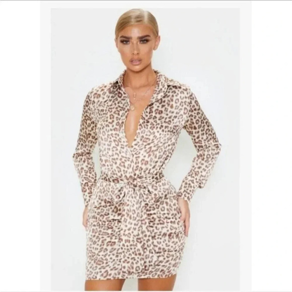 Pretty Little Thing Nude Satin Cheetah Print Dress - Picture 2 of 14
